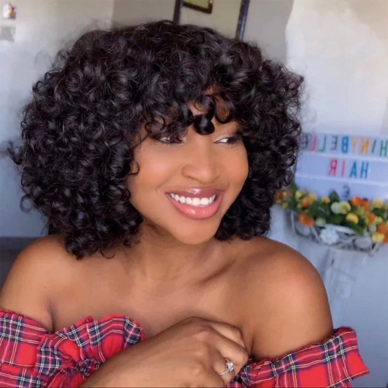 Custom Made Curly Fringe With Bangs Human Hair Wigs Adjustable Etsy