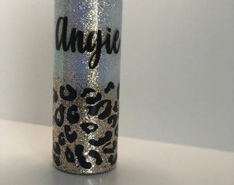 Personalized Leopard Glitter Tumbler / Leopard Print Gold and White Tumbler with Straw / Personalized Water Bottle