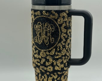 Leopard Print Rhinestone Handle Tumbler / 30oz Stanley / 40oz Stainless Tumbler / Black and Gold Monogram Custom