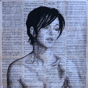 Lovely Monica! Large portrait (108 x 82 cm) on the glued pages of old books - 42x32 inches, artist Ihor