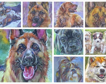 Könnte beinhalten: Eine Collage aus Aquarellmalereien mit verschiedenen Hunderassen. Die Gemälde sind in verschiedenen Farben und Stilen gehalten, und jeder Hund ist in einer einzigartigen Pose dargestellt. Zu den Hunden gehören ein Deutscher Schäferhund, ein Golden Retriever, ein Mops, ein Shih Tzu und ein Akita.