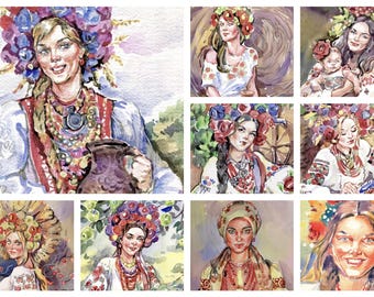 Könnte beinhalten: Eine Collage aus Aquarellgemälden, die Frauen in traditioneller ukrainischer Kleidung und Blumenkränzen zeigen. Die Frauen sind in verschiedenen Posen dargestellt, einige halten Gegenstände wie einen Krug oder ein Baby.