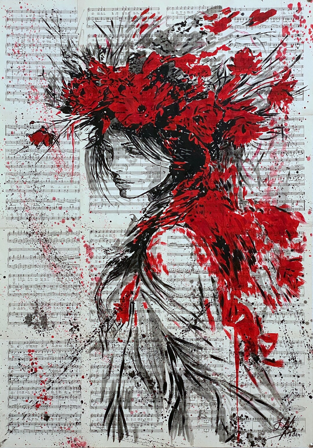 Ukrainian Girl Acrylic Ink Painting – Red Floral Crown, Old Book Page ...
