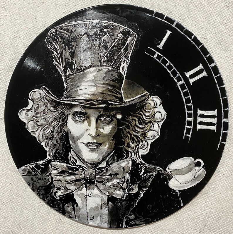 Handgemalte Alice im Wunderland Schallplatten Kunst, Mad Hatter Grinsekatzen Wanddekor 3