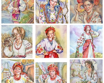 Könnte beinhalten: Eine Collage aus neun Aquarellbildern, die Frauen in traditioneller ukrainischer Kleidung zeigen. Die Frauen tragen bestickte Hemden, Blumenkränze und bunte Röcke. Einige halten Blumen, während andere traditionelles ukrainisches Brot halten.