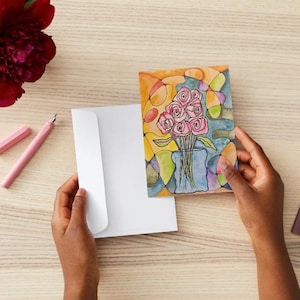 Flores espirais em um vaso azul – Conjunto de cartões de felicitações em aquarela (pacote com 10)