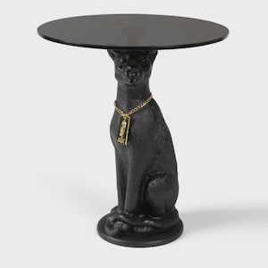 Bold Monkey Proudly Crowned Black Panther Side Table, 18" Small End Table for Living Room, Smoked Tempered Glass & Resin Sculpture