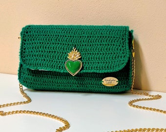 borsa uncinetto verde smeraldo, borsa uncinetto fatta a mano, borsetta tracolla