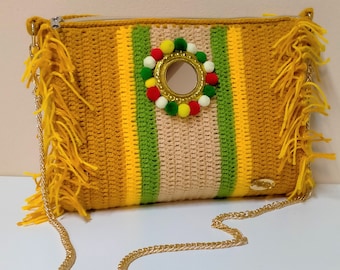 mustard crochet bag, crochet clutch, woolen knitted bag