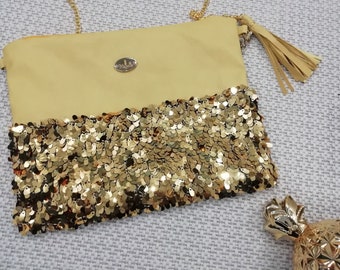 mustard purse, purse with tassel, medium crossbody purse, glitter purse