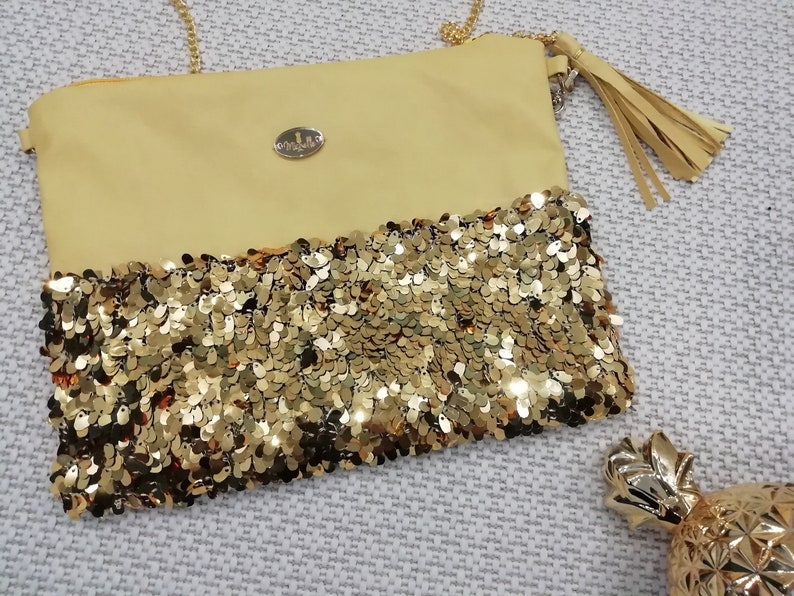mustard purse, purse with tassel, medium crossbody purse, glitter purse image 1