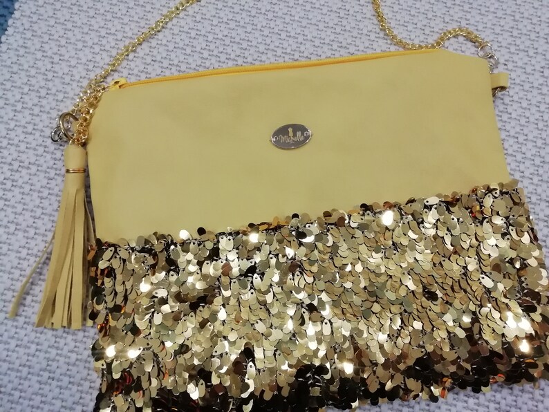 mustard purse, purse with tassel, medium crossbody purse, glitter purse image 5