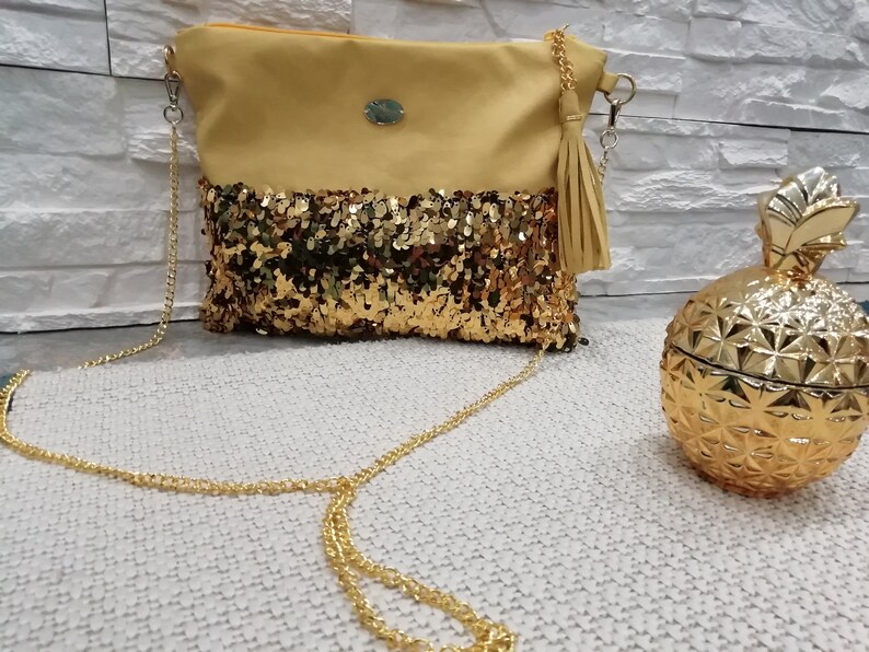 mustard purse, purse with tassel, medium crossbody purse, glitter purse image 2