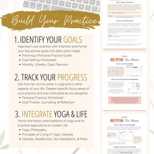 May include: A colorful infographic with the title "Build Your Practice" and three sections: "Identify Your Goals", "Track Your Progress", and "Integrate Yoga & Life". Each section includes a list of bullet points with tips for building a yoga practice.