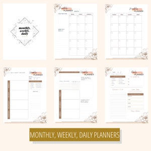May include: A set of printable planners with floral illustrations. The planners include monthly, weekly, and daily layouts. The text on the planners includes "monthly, weekly, daily", "Monthly Planner", "Weekly Planner", "Daily Planner", "I will make time for", "Goal Tracker", "New things I learned this week", "Things that went well this week", "I am grateful for", "Better Sleep", "Today's Celebration", "Inspiration", "Monthly Goals", "Top Priorities This Week", "Date", "Tasks & Activities", "Schedule 6 to 8 hrs", "Month", "Week", "Notes", "Sunday", "Saturday", "Friday", "Thursday", "Wednesday", "Tuesday", "Monday", "Inspiration", "Monthly Goals", "Top Priorities This Week", "Date", "Tasks & Activities", "Schedule 6 to 8 hrs", "Month", "Week", "Notes", "Sunday", "Saturday", "Friday", "Thursday", "Wednesday", "Tuesday", "Monday", "Inspiration", "Monthly Goals", "Top Priorities This Week", "Date", "Tasks & Activities", "Schedule 6 to 8 hrs", "Month", "Week", "Notes", "Sunday", "Saturday", "Friday", "Thursday", "Wednesday", "Tuesday", "Monday".