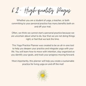 May include: A page from a yoga practice planner with a white daisy illustration. The text reads "62- High-quality Pages" and explains the benefits of committing to a personal yoga practice.