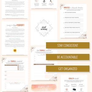 May include: A printable goal setting worksheet with a pink and white watercolor background. The worksheet includes sections for goal setting, action steps, and challenges. The text "Wake Up Just Be" is written in a pink and white watercolor font.