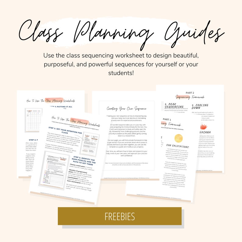 May include: A set of printable class planning guides for yoga teachers. The guides include instructions on how to use the worksheets, how to create your own sequence, and how to cool down after class. The guides are free and available for download.