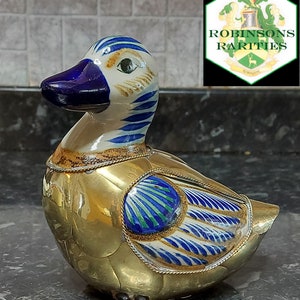 Vintage Tonala Mexican Folk Art Ceramic and Brass Duck Figurine