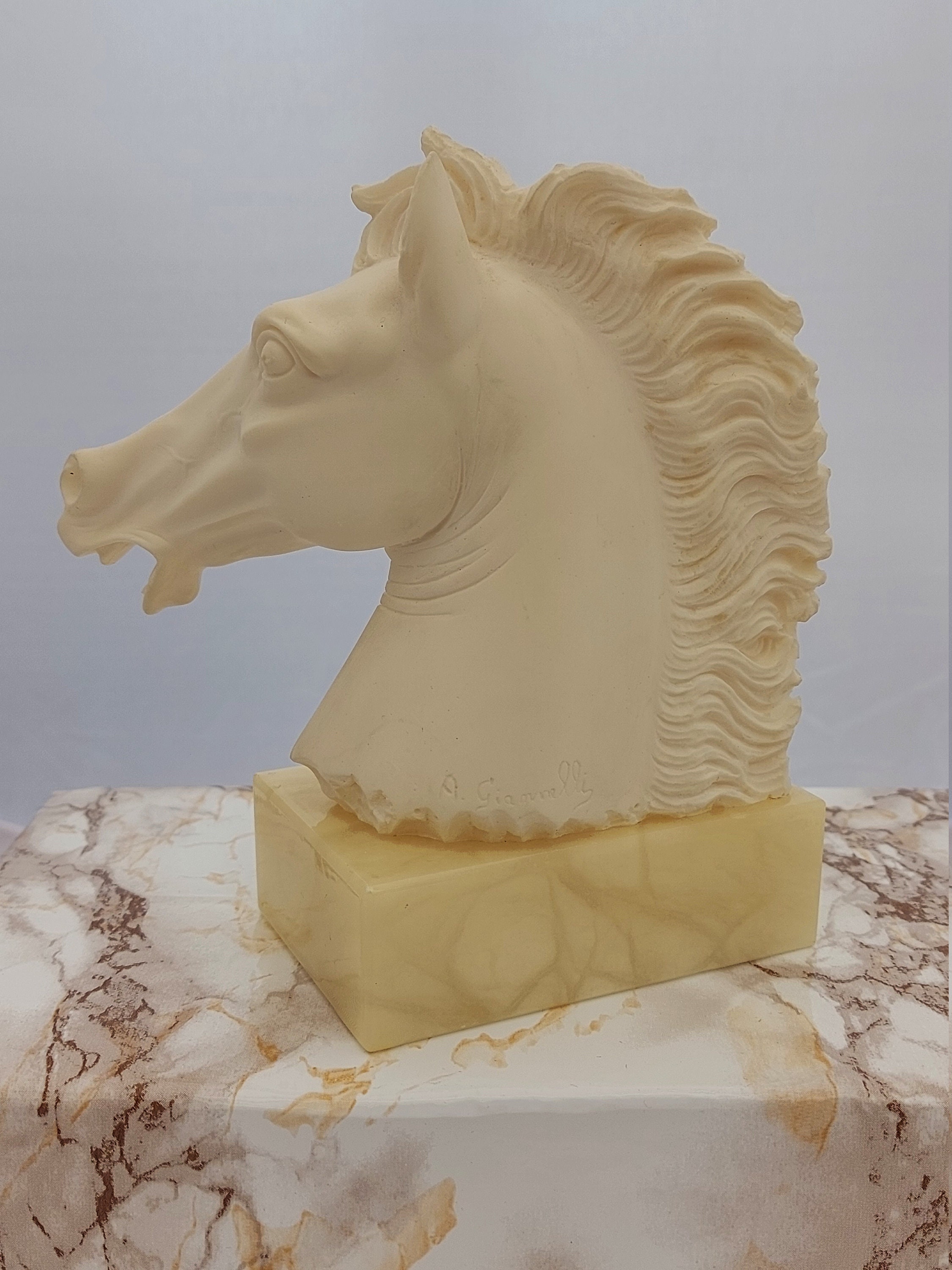 Vintage Pair of Hand Carved Alabaster Horse Head Sculpture Bookends