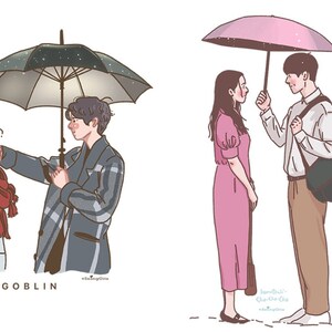 May include: Two couples stand under umbrellas in a cartoon illustration. The couple on the left is under a black umbrella with white stars. The couple on the right is under a pink umbrella. The text "GOBLIN" is written below the left couple.