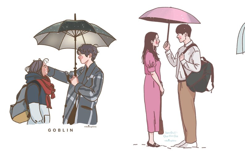 May include: Two couples stand under umbrellas in a cartoon illustration. The couple on the left is under a black umbrella with white stars. The couple on the right is under a pink umbrella. The text "GOBLIN" is written below the left couple.