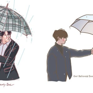 May include: Two illustrations of couples sharing an umbrella in the rain. The first illustration shows a couple walking together under a plaid umbrella with the text "Twenty Five Twenty One". The second illustration shows a couple standing under a blue umbrella with the text "Our Beloved Summer".