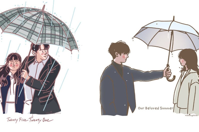 May include: Two illustrations of couples sharing an umbrella in the rain. The first illustration shows a couple walking together under a plaid umbrella with the text "Twenty Five Twenty One". The second illustration shows a couple standing under a blue umbrella with the text "Our Beloved Summer".