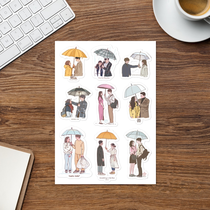 May include: Nine illustrated stickers featuring couples under umbrellas. Each sticker has a different couple and a different umbrella. The stickers are on a white background.