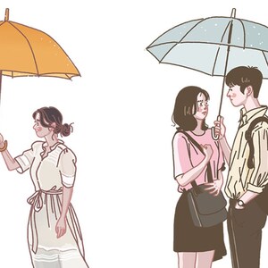 May include: Two couples stand under umbrellas, one with a yellow umbrella and the other with a blue umbrella. The couples are looking at each other.