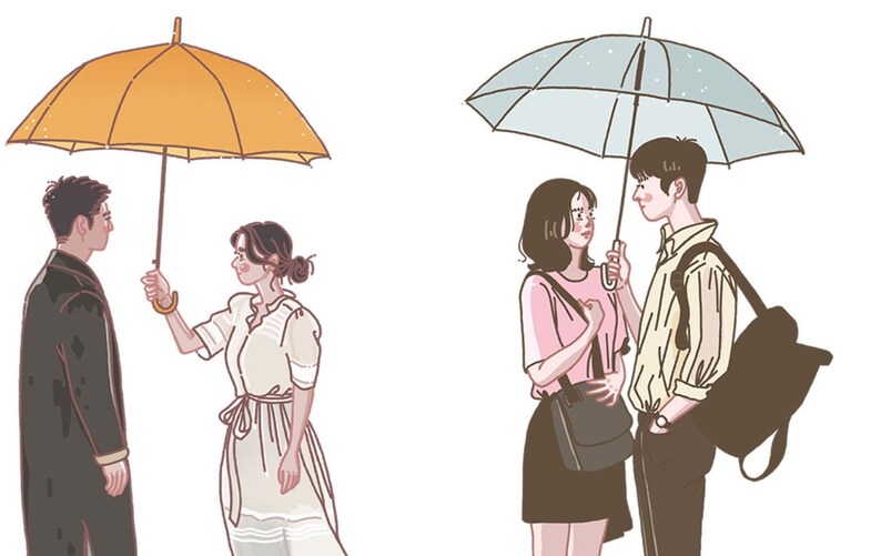 May include: Two couples stand under umbrellas, one with a yellow umbrella and the other with a blue umbrella. The couples are looking at each other.