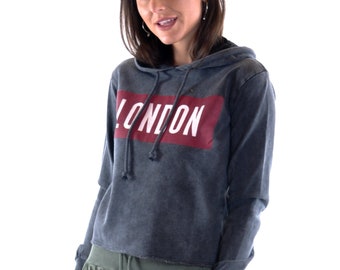 Anthracite Stone Washed London Print Cotton Women Crop Top Hoodie