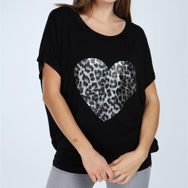 Black Leopard Heart Printed Cotton Women Blouse