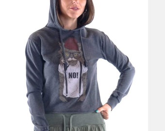 Anthracite Stone Washed Cat Animal Printed Cotton Women Crop Top Hoodie