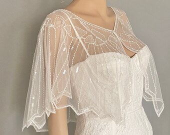 Tüll Pailletten Perlen Braut Cape ivory Cover Up Braut Umhang Capelet Hochzeit