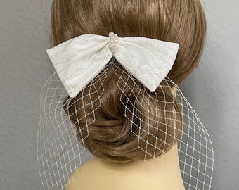 Glitzer Tüll Schleife mit Perlen und Schleier Braut Hochzeit Haarschleife ivory silber Haarschmuck