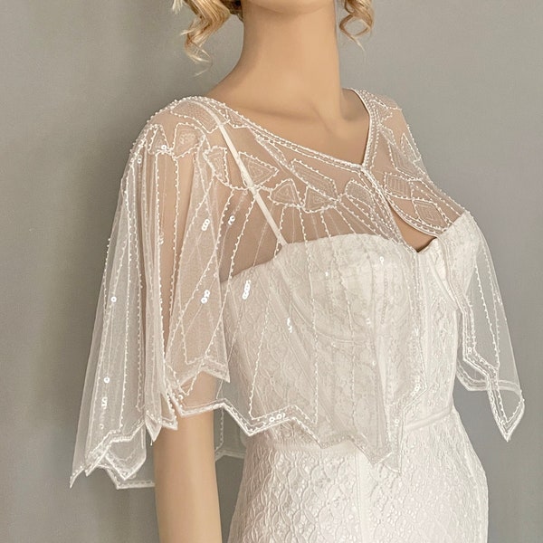 Tüll Pailletten Perlen Braut Cape ivory Cover Up Braut Umhang Capelet Hochzeit