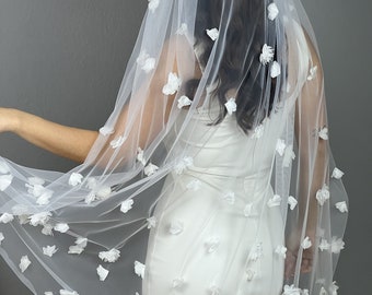 3D flowers pearls bridal veil tulle ivory white medium length one layer bridal veil wedding