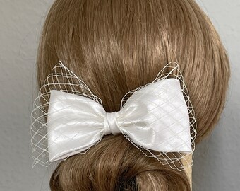 Satin bow for hair with veil ivory bridal wedding hair bow hair accessory