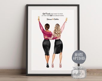 May include: A printable art print with a quote about best friends. The quote reads "Best Friends are hard to find as the very best is already mine." Two women are illustrated in the print, holding up champagne glasses and smiling. The women's names are Sherone and Natile.