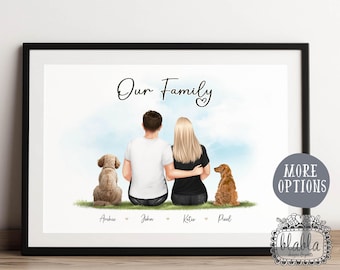 Valentines Personalised Gift, Our Family Gift, Couple and Pets Wall Art, Personalised Family Illustration, Anniversary Keepsake, Couple Gift