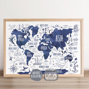 Weltkarte Kinderzimmer, Weltkarte für Kinder, Maritime Weltkarte, Wasserfarben Weltkarte, Marine Poster für Jungen, Geschenk für Jungen, Kinderzimmer