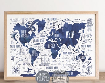 World Map for Kids, Kids World Map, Nautical nursery art, Navy Map, Watercolour World  Map, Boys Room Poster, Nautical boy gift, Nursery