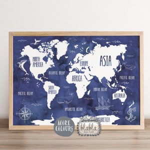 World Map for Kids, Kids World Map, Nautical nursery art, Navy Map, Watercolour World Map, Boys Room Poster, Nautical boy gift, Nursery