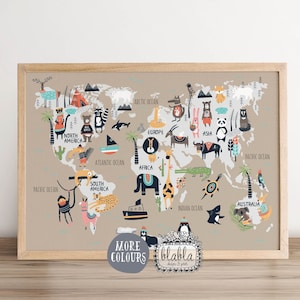 DIGITAL FILE Weltkarte für Kinder, Kinder Weltkarte, rosa Kindergarten Kunst, Tiere Weltkarte, Mädchen Zimmer Poster, Mädchen zimmer, Kindergarten, Girly Print