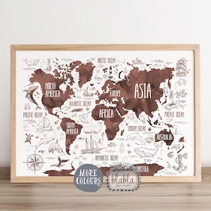 DIGITAL SÓLO Kids World Map, Mapa mundial para niños, Arte náutico de la guardería, Mapa de la Marina, Mapa de acuarela, Cartel de la habitación de los niños, Regalo náutico del niño,
