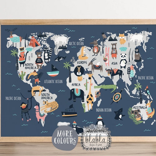 World Map for Kids Kids World Map Pink Nursery Art Animals Etsy UK