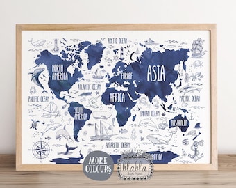 Mapa del mundo SOLO DIGITAL para niños, Mapa del mundo infantil, Arte náutico para guardería, Mapa del mundo en acuarela, Póster para habitación de niños, Regalo náutico para niño, Guardería