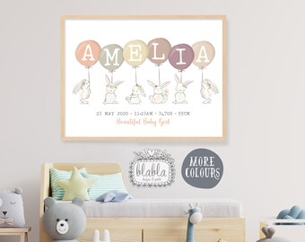 Geboorteposter Bunny Balloons, gepersonaliseerde kinderkamerprint