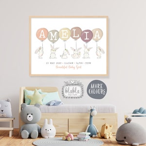 Póster de nacimiento, Impresión de nacimiento, Cartel de nacimiento de bebé, Regalo de bebé, Póster de guardería, Arte de pared de nombre de bebé, Regalo de bautismo, Impresión de guardería, Conejito, Globos